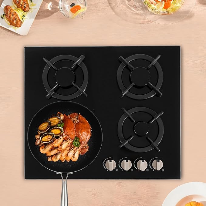 4-Burner NG Stove, Built-in Countertop Gas Stove with Tempered Glass, Electronic Pulse Ignition, High Precision Fire Control, and Detachable Pot Brackets
