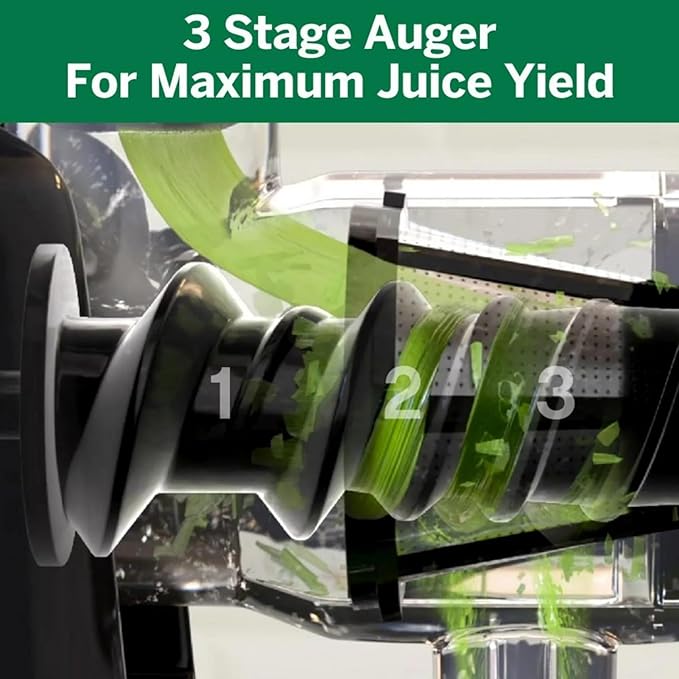 Cold Press 365 Compact Masticating Horizontal Juicer, 150W Low-Speed 3-Stage Auger, in Black (H3000R)