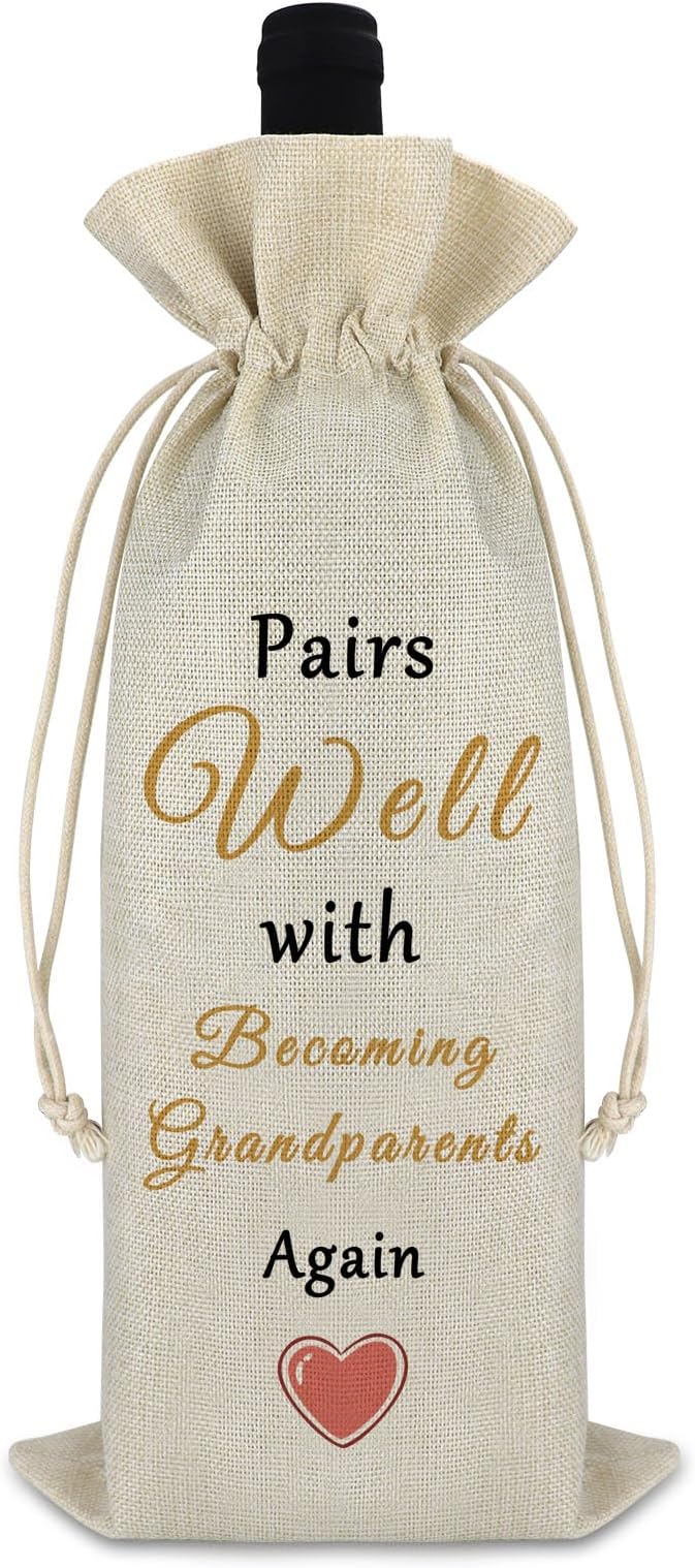Pregnancy Announcement Gift for Being Grandparents Again Baby Reveal Gift New Baby Gift Baby Announcement Drawstring Wine Bag Gift for Family Baby Shower Party Decors Reusable Wine Wrap Bag