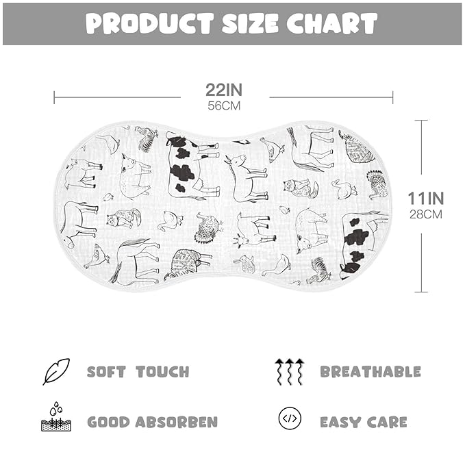 Muslin Baby Burp Cloths Set of 4, Soft Absorbent Farm Animals Muslin Washcloths, Bibs, Face Towel for Newborn Boys Girls, 22 x 11 Inch
