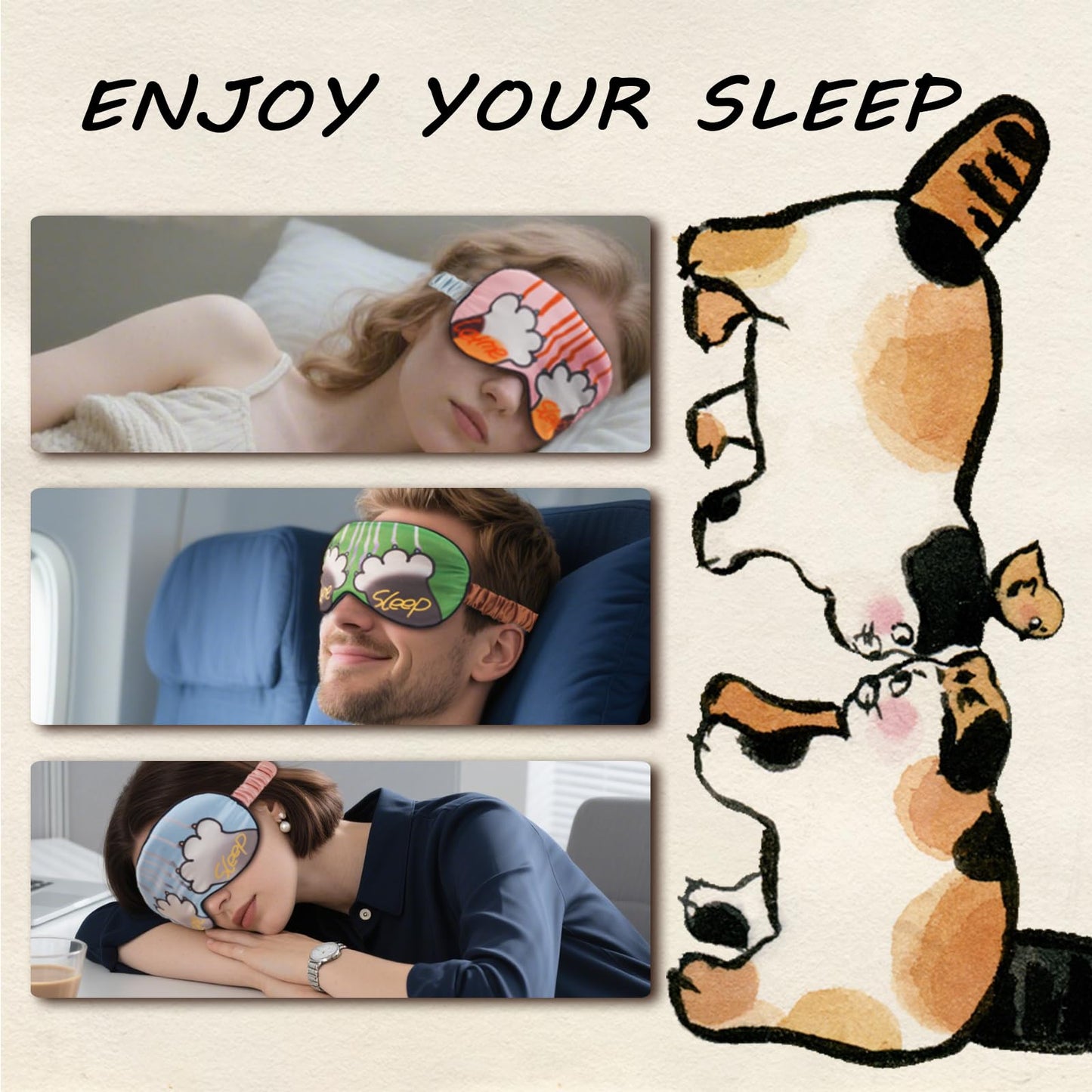 BERMIFA Sleep Masks, 3 Packs Silky Satin Eye Masks for Sleeping,Effective Light Blocking Blindfold for Men Women, Cute Cat Paw Design, with No-Pressure Elastic Strap