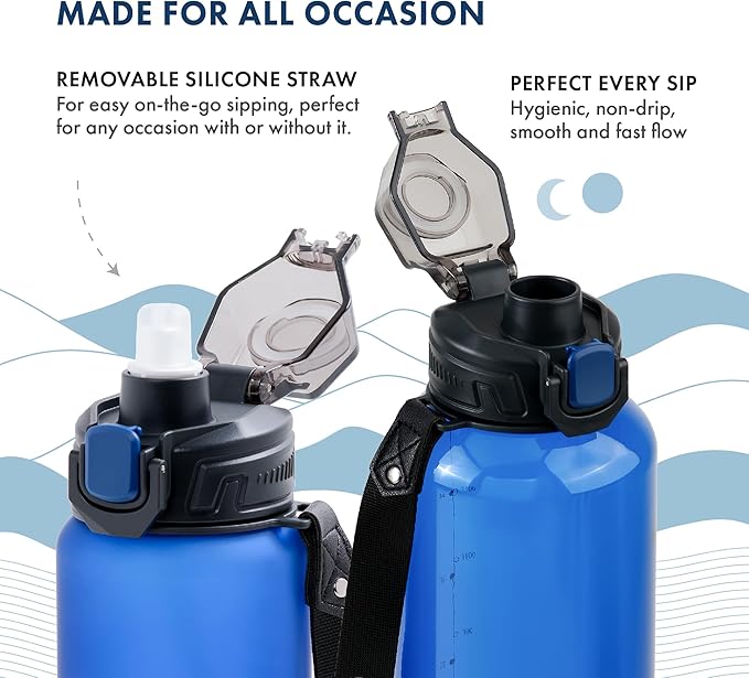 GRANDTIES Sports Tritan Plastic Water Bottle with Straw, Removable – Leakproof BPA Free Dishwasher Safe Travel Water Bottle with Strap for Gym, Outdoor, Fitness (Navy, 28oz (800mL))