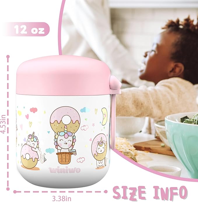 12oz Insulated Food Jar for Kids, Easy Carry, Wide Mouth, Thermos for Hot Food, Soup, Salad, Sandwich, School Lunches (Pink-Unicorn)