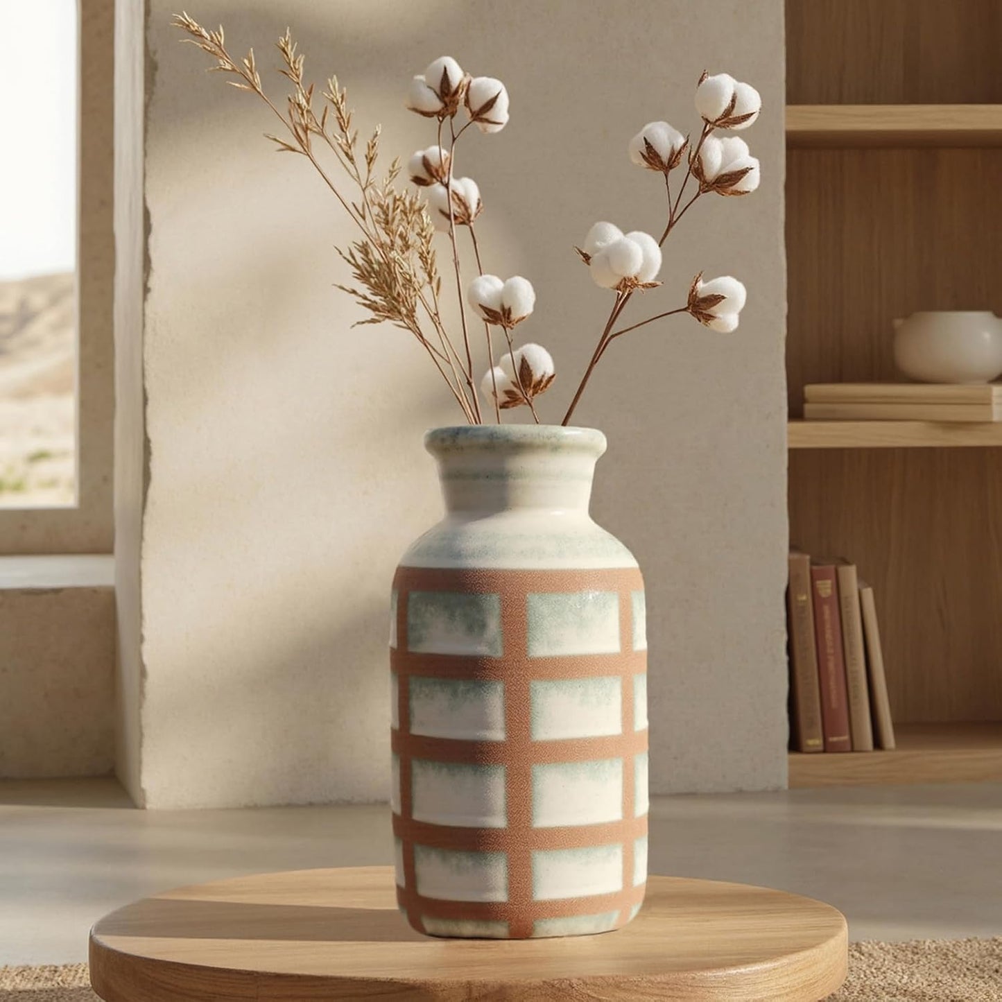 Rustic Farmhouse Ceramic Vase, Pastoral Clay Decor, Boho Vintage Terracotta Vases for Bouquet and Fake Plants, Suitable for Home Decor, Shelf, Dining Table, Living Room, Mantle, Bathroom, 9.6 Inch