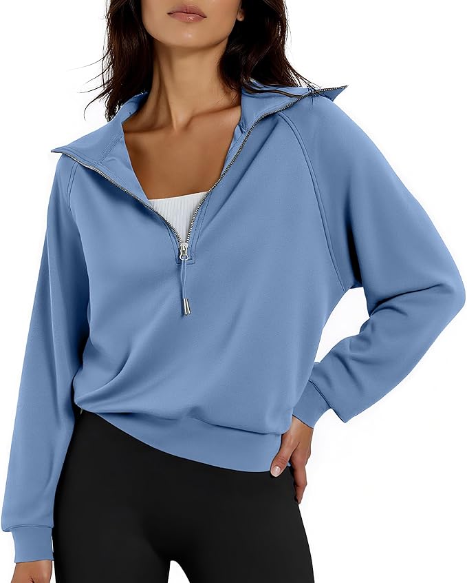 Women's Cropped Half Zip Pullover Quarter Zipper Long Sleeve Sweatshirt for Casual Wear