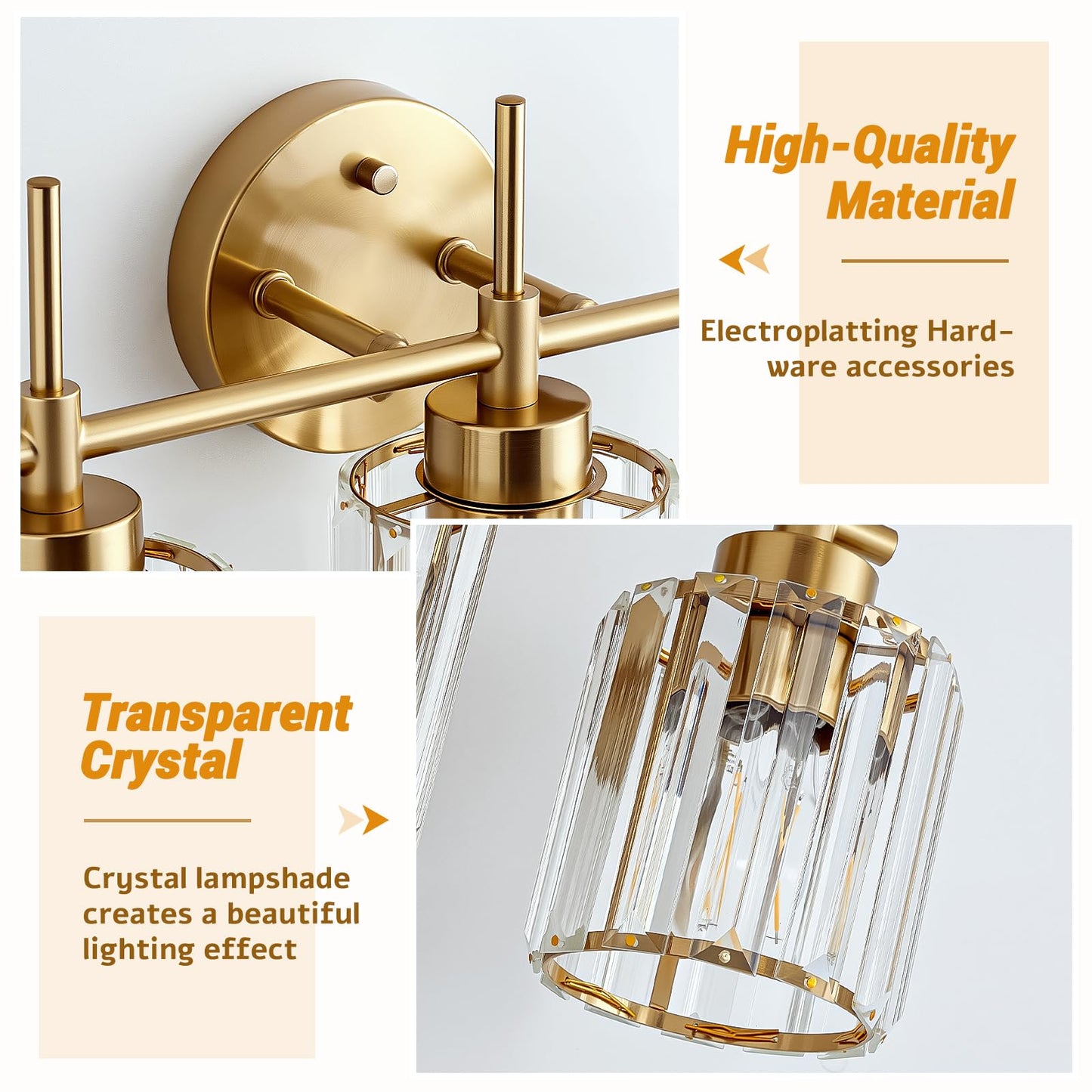 EJIAXIN Bathroom Lighting Fixtures, 3 Light Gold Bathroom Light Fixtures with Clear Shades Modern Crystal Vanity Light Bath Room Vanity Lighting Over Mirror Wall Light