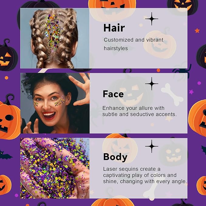 Halloween Glitter Gel for Body, Face, Hair and Lip, Color Changing Glitter Gel Under Light (Halloween)