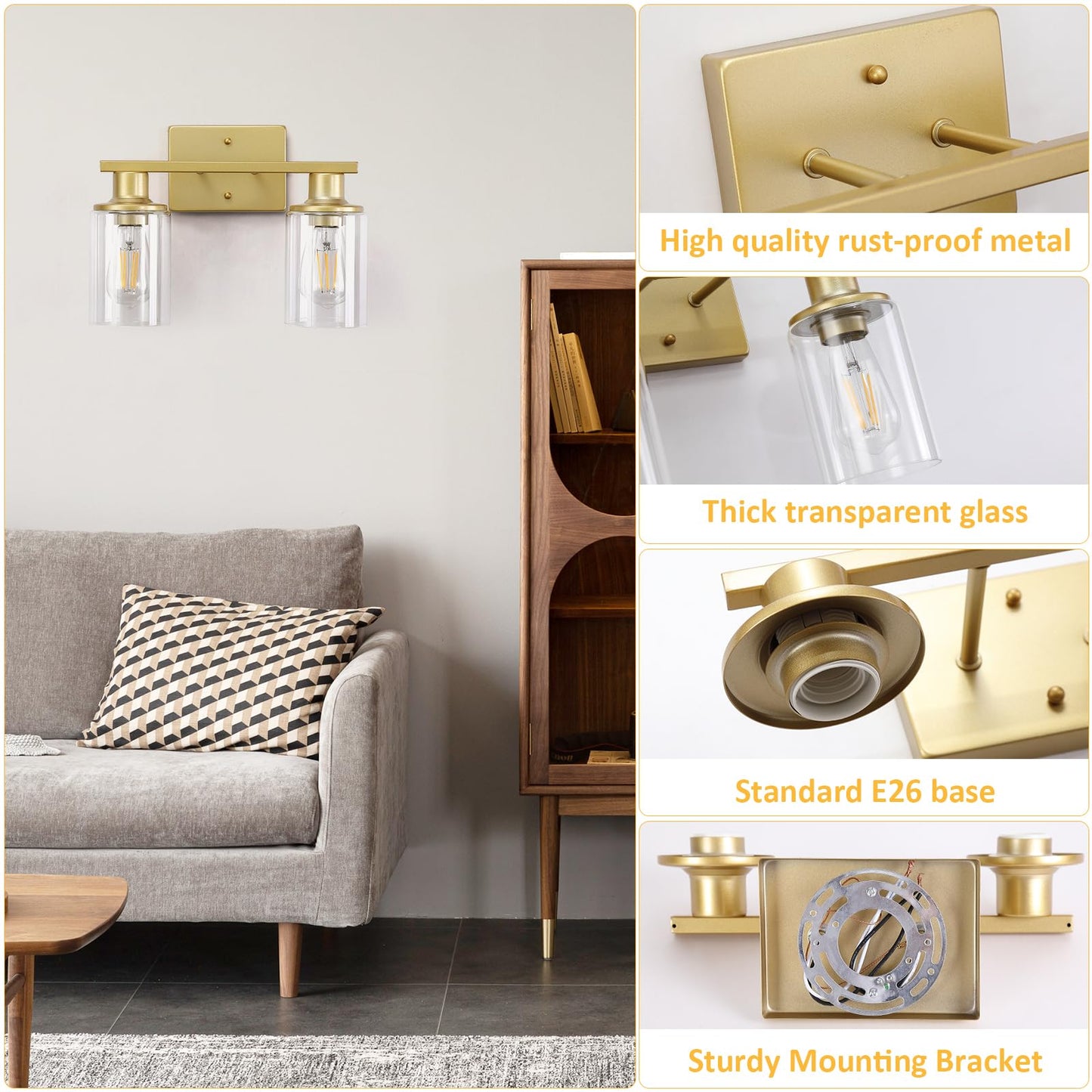 Litaddscen 2-Light Gold Bathroom Vanity Light Bathroom Light Fixtures Over Mirror With Clear Glass Shade Modern Wall Sconces Lighting For Kitchen Living Room Cabinet Hallway