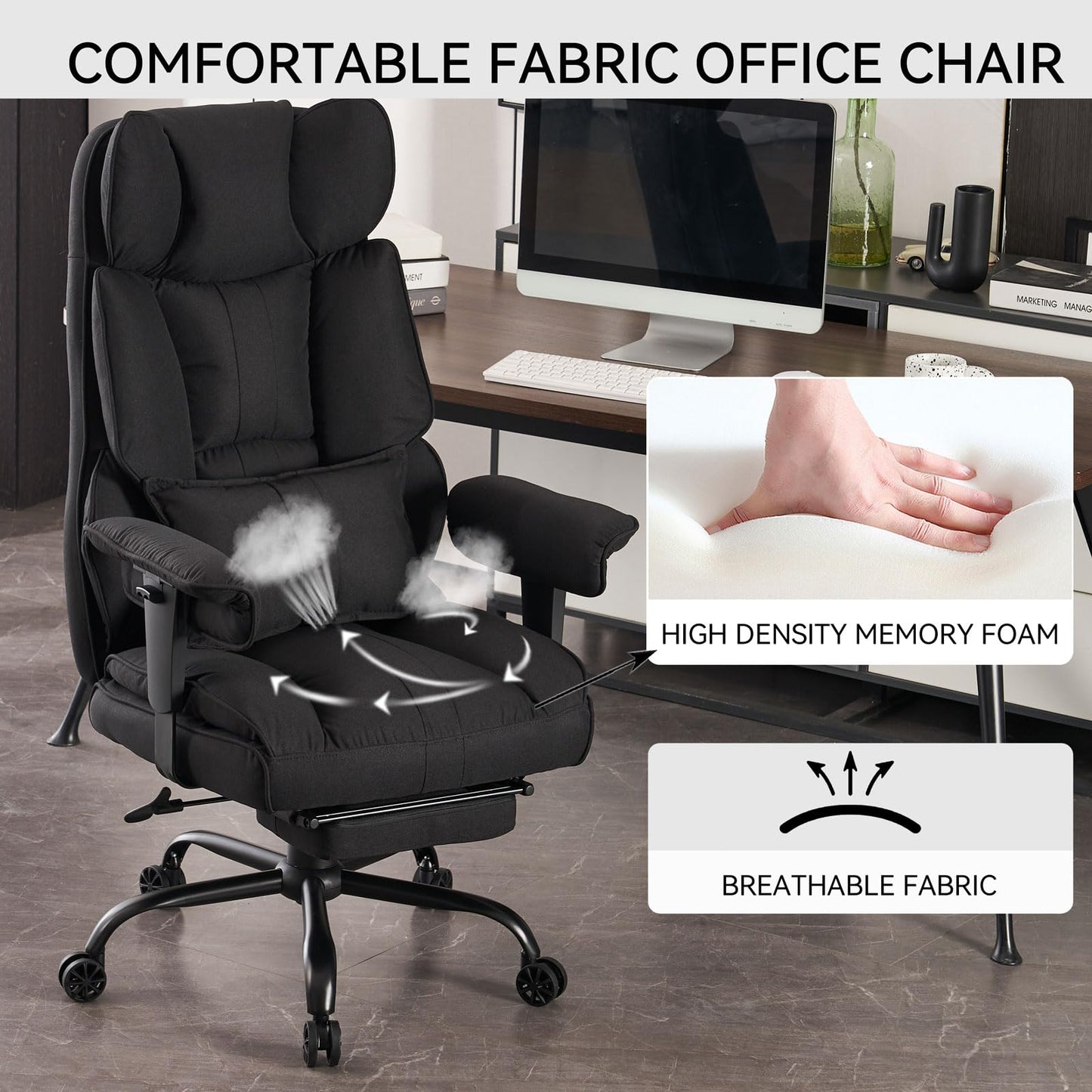 Efomao Big and Tall Office Chair 400 lb Weight Capacity, High Back Executive Office Chair with Foot Rest, Fabric Computer Chair for Back Pain Relief, Black