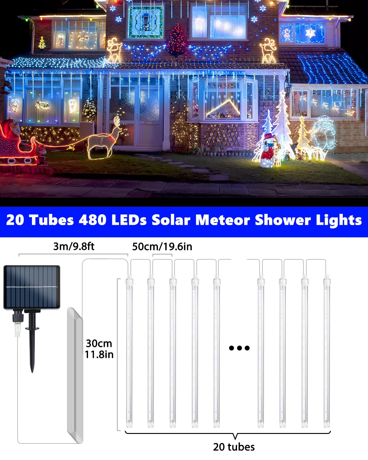 Flacchi Solar Icicle Lights - 20 Tubes 480 LED Cascading Raindrop, Waterproof Christmas Decorations, Blue, Model YZ69SS002