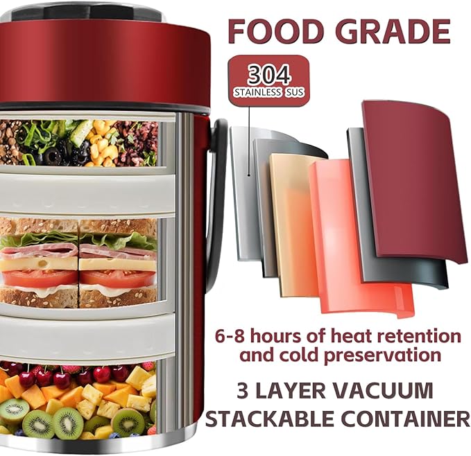 67oz Vacuum Insulated Lunch Food Container for Hot Food, 3 Tier Sealed Stackable Food Thermo, Adults Stainless Steel Wide Mouth Thermal Lunch Box, Leak-Proof Thermo Food Jar for Office & Outdoor(Red)