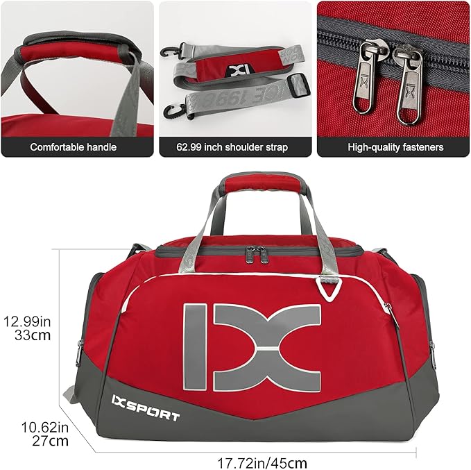 Sports Gym Bag，INOXTO Travel Duffel Bag with Dry Wet Pocket And Shoe CompartmentFor Women and Men，40L/55L Fitness Waterproof Weekender Bag For Swim Sports Travel Working Out (Red, 40L)
