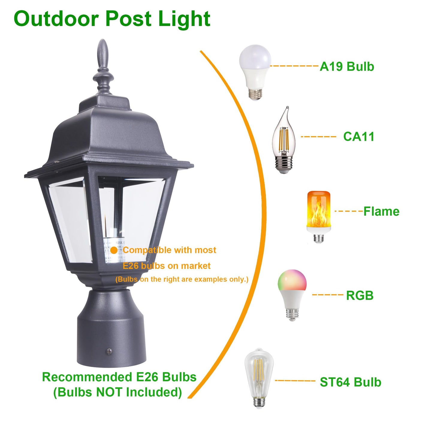 Lit-Path Outdoor Post Lantern, Aluminum, E26 Max 60W, Matte Black, 1-Pack, Model Lt-Pl003