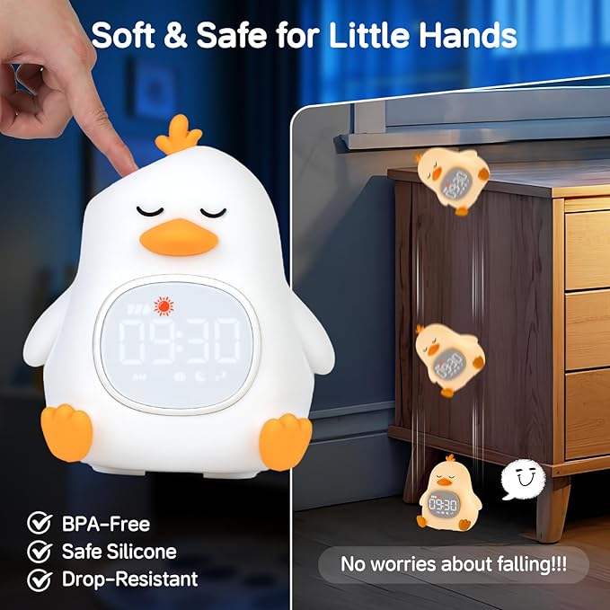 Alarm Clock for Kids with Night Light, Sleep Training Clock Time to Wake Clock, Rechargeable Silicone Light for Bedroom, Perfect Sleep Companion for Boys Girls, Sleepy Duck