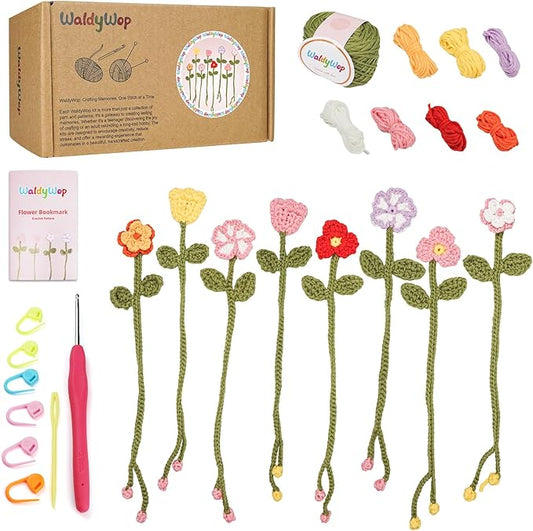 WaldyWop Crochet Kit for Beginners - 8 Flower Bookmarks Knitting Kit w/Step-by-Step Video Tutorials & Soft Yarn, Hook - Wo...