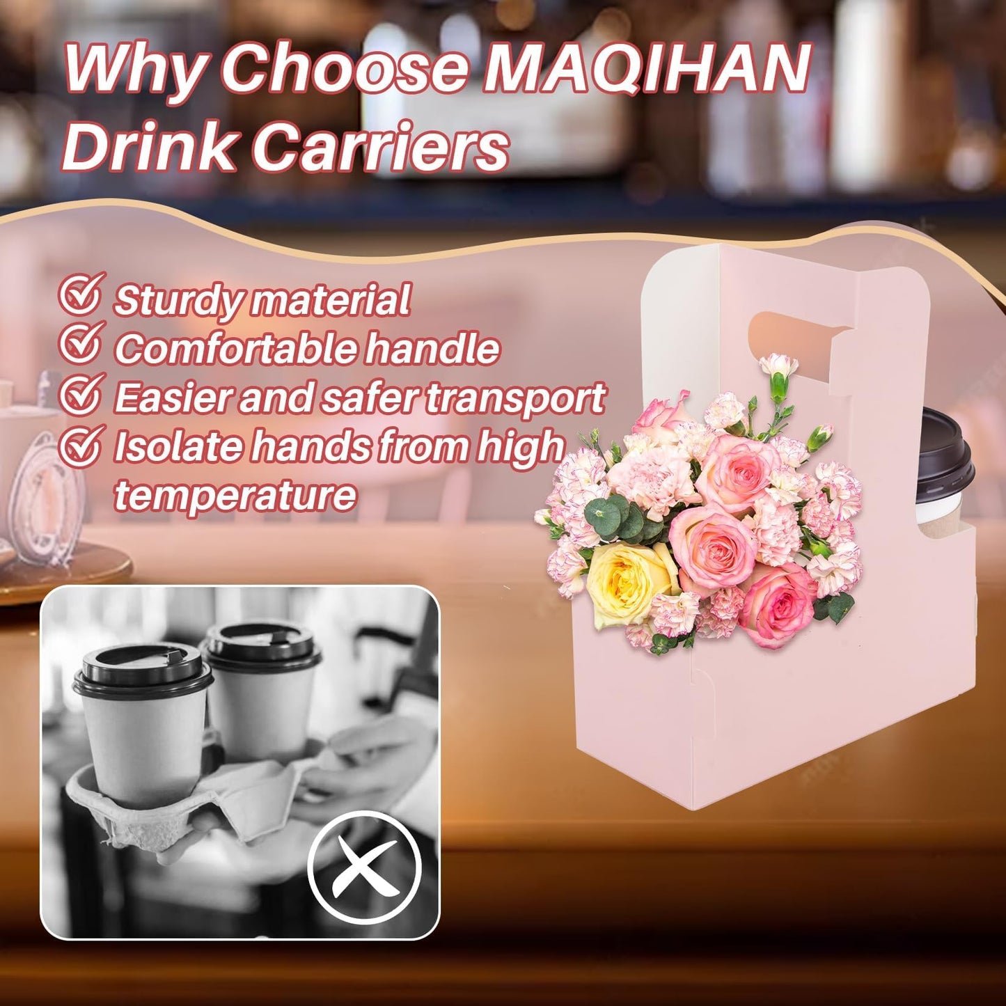 MAQIHAN 2 Cup Drink Carrier with Handle - 12Pcs Disposable Paper Cardboard Coffee Cup Holder Portable Drink Caddy Cup Carriers Foldable to go Cup Holder Food Delivery Accessories for Hot/Cold Drinks