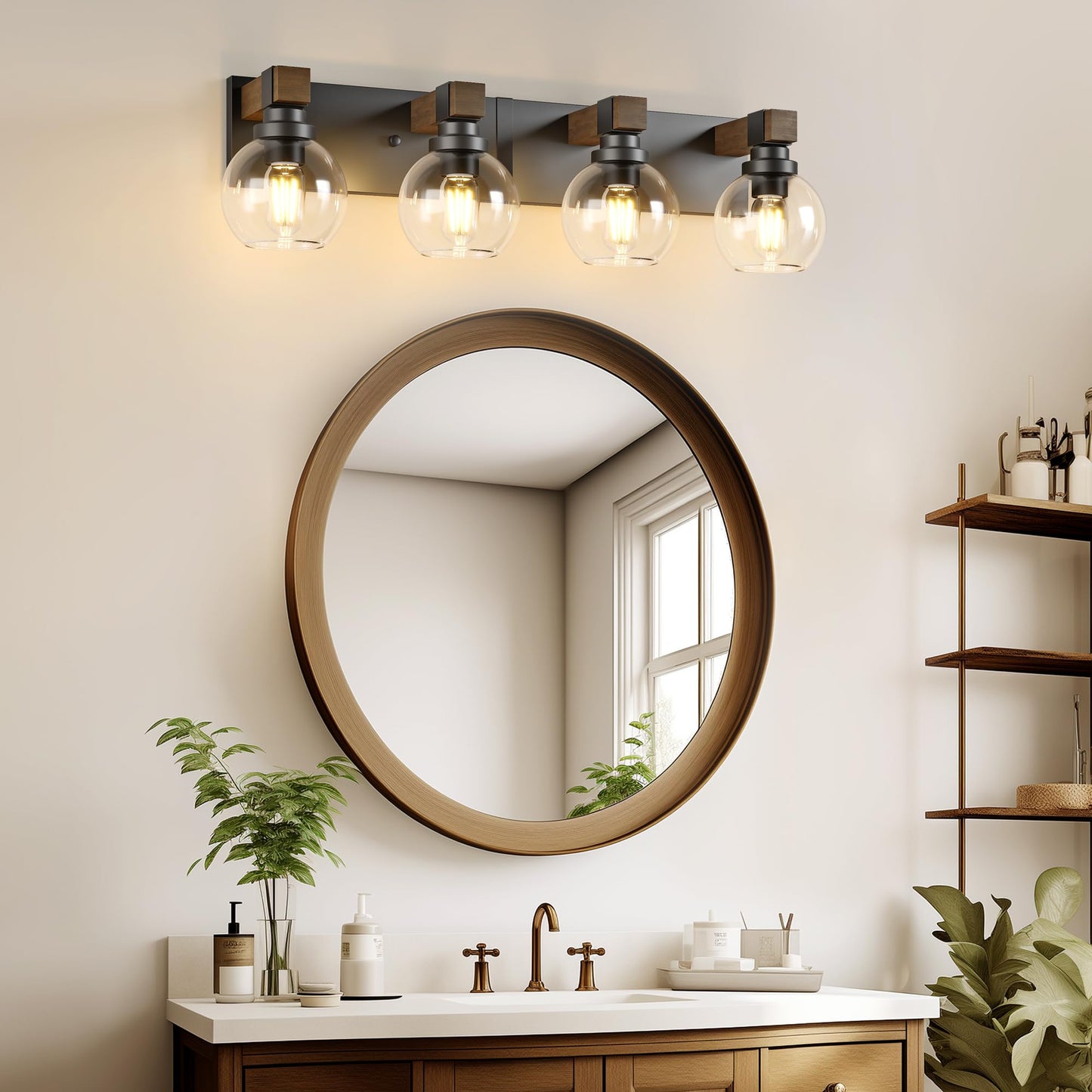Farmhouse Bathroom Vanity Light Fixtures  4-Light Wood Bathroom Light Fixtures Over Mirror  Rustic Sconces Wall Lighting With Glass Shade For Living Room  Bedroom  Hallway