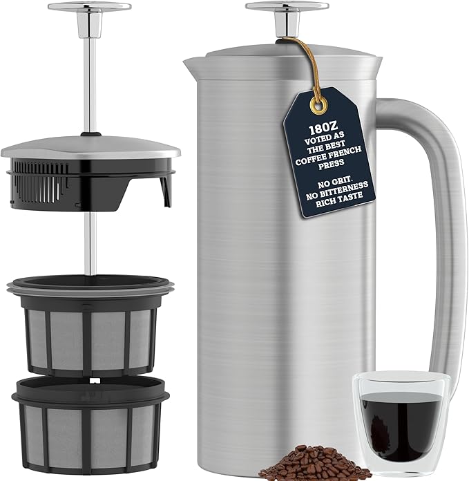 ESPRO P7 Brushed Stainless Steel French Press 304 – Patented Double Walled Micro-Filter Insulated French Press Coffee Maker, Grit-Free Brew - Heat Resistant BPA Free (18oz)