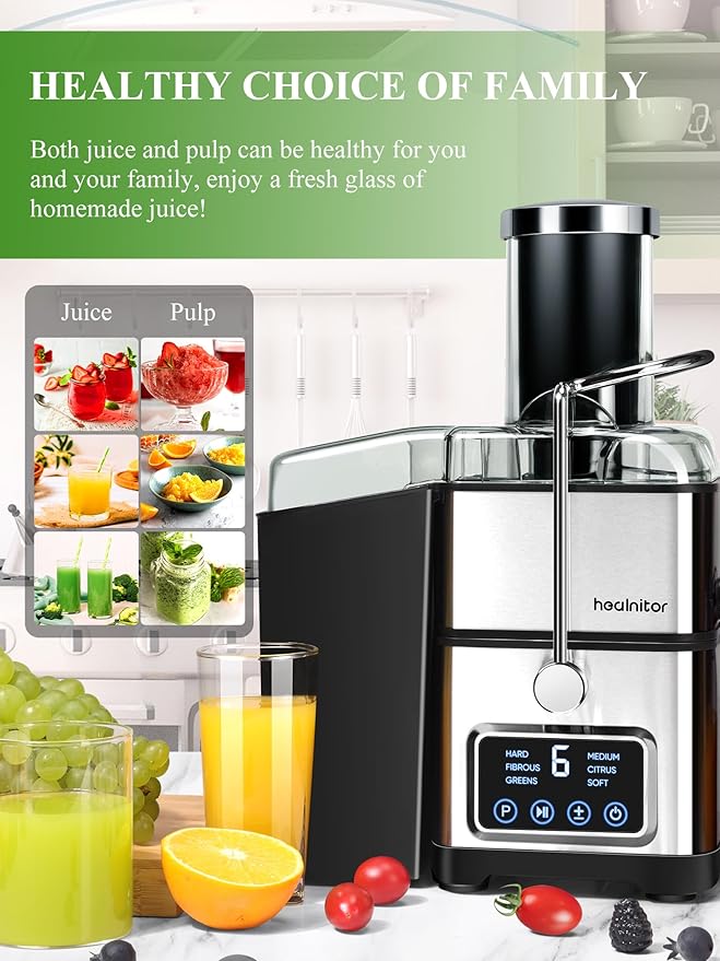 1200W 6-Speed Touch LCD Screen Centrifugal Juicer with 3.2'' Big Wide Chute, Healnitor Juice Extractor Machines Vegetable and Fruit, Titanium Enhanced Filter, Easy Clean, BPA-Free, Silver