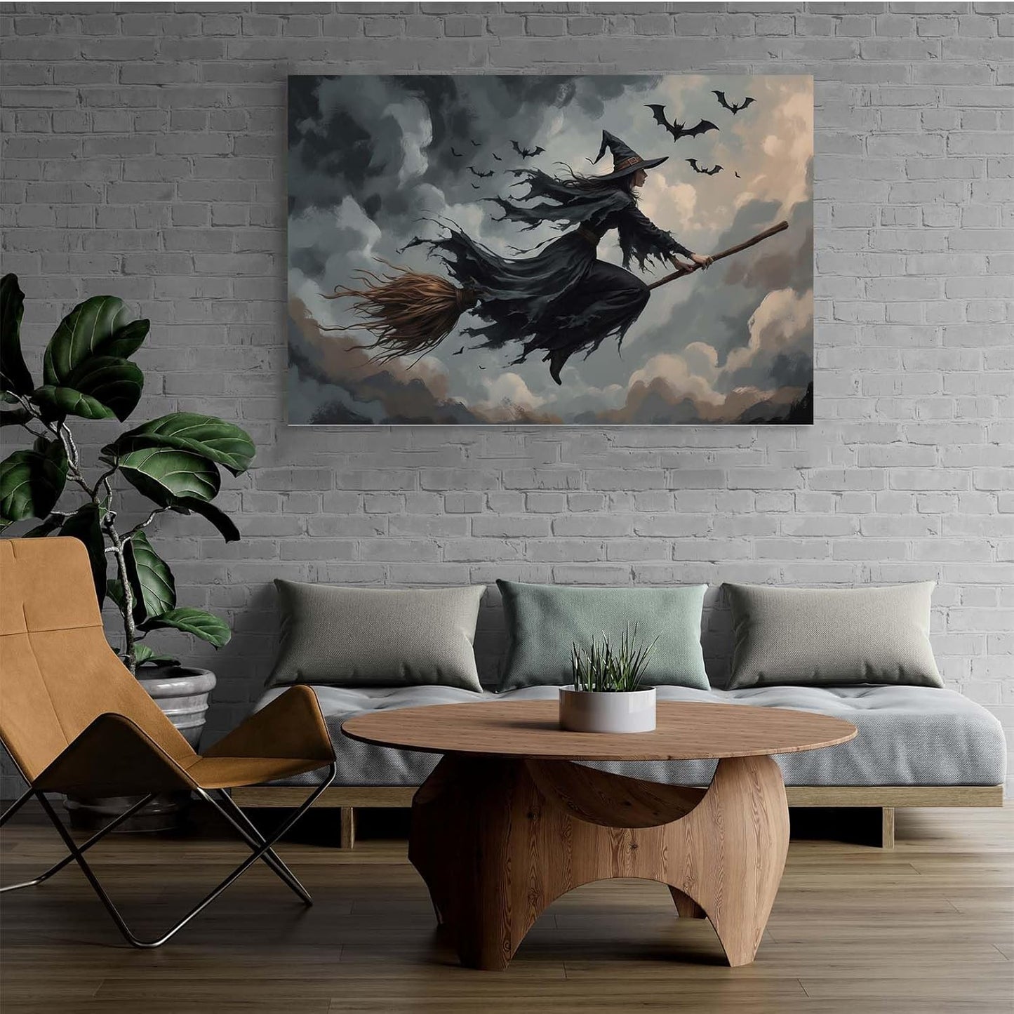 Witch and bat flying Halloween poster suitable for home party wall decoration retro Halloween preppy style wall art canvas print suitable for room decoration24x36in Wood Framed