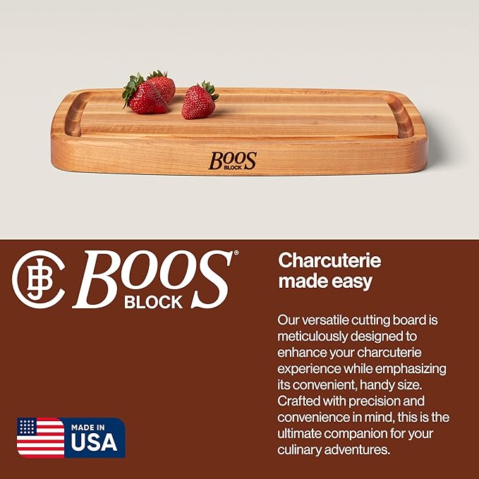 John Boos CB Series Rectangular Wooden Maple Cutting Board 18”x10.5” – 1.5” Thick, 8-lb Reversible Butcher Block with Rounded Edges, Juice Groove, Edge-Grain & Finger Grips – Made in the USA