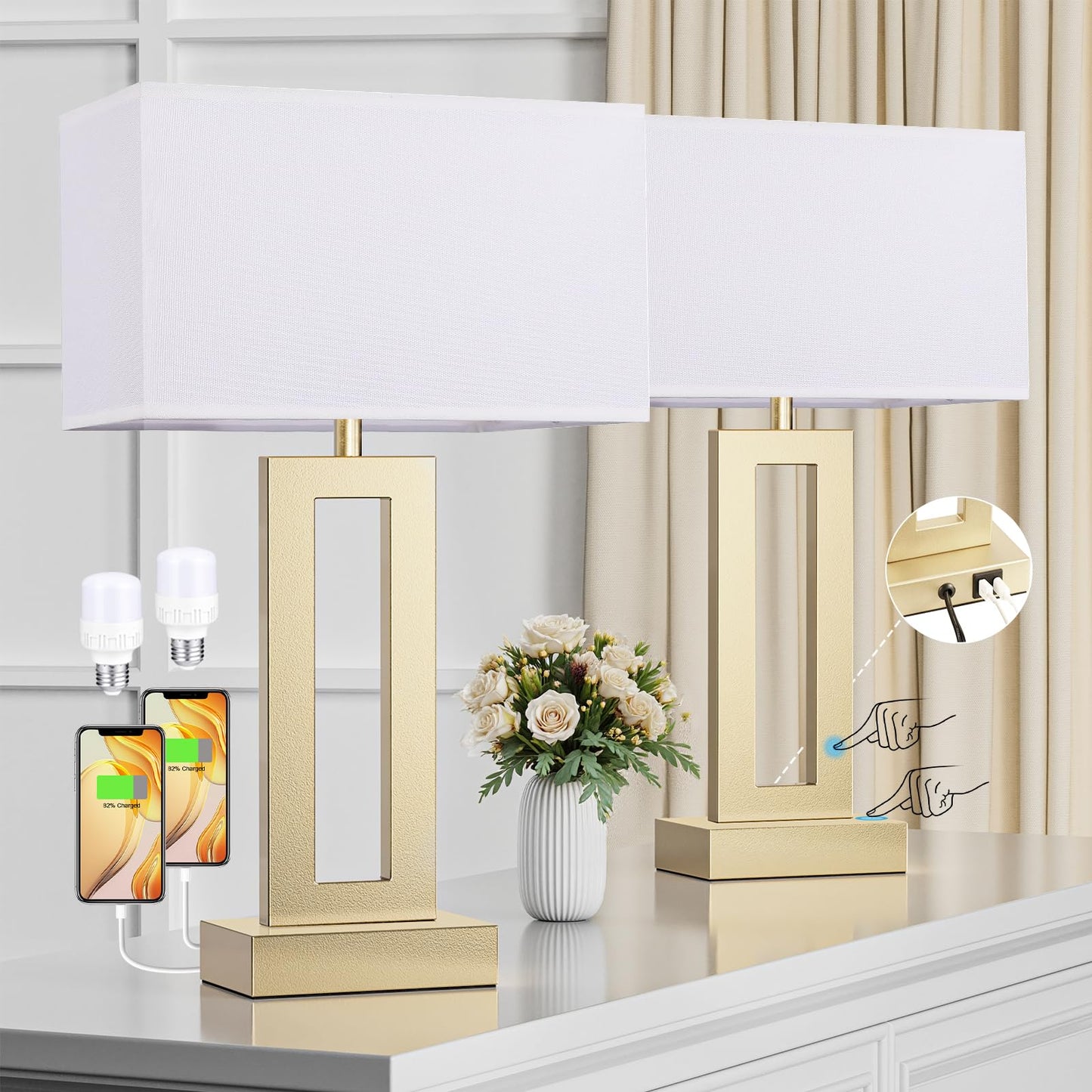 Seealle Nightstand Table Lamps Set of 2, Touch Control, USB C+A, 3-Way Dimmable, Medium, White&Gold, Model: jinshumian1 16