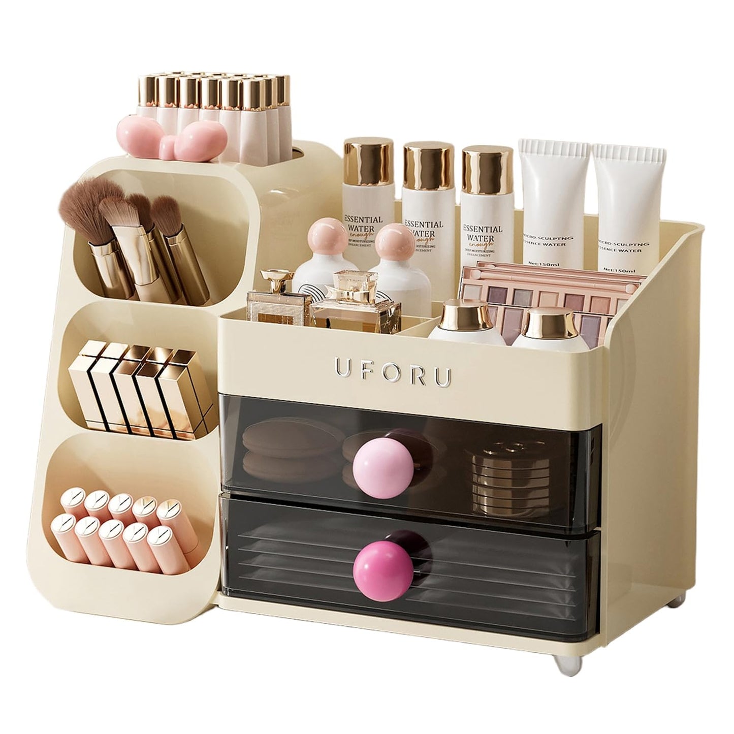 UFORU Makeup Organizer for Vanity with Brush Holder, Countertop Organizer with 2 Drawers, Spacious Cosmetic Display Case for Bea