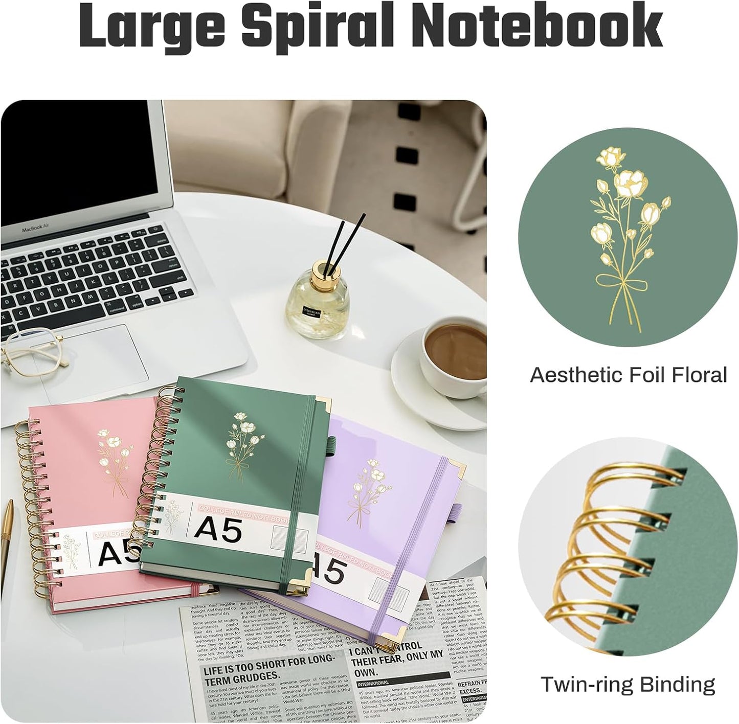 Hardcover Spiral Notebooks 6.1" X 8.4" Note Taking 5 Subject Notebook College Ruled with Dividers 240 Pages 100GSM Aesthetic Spiral Notebook for Work School Cute Journals for Women Writing, Green