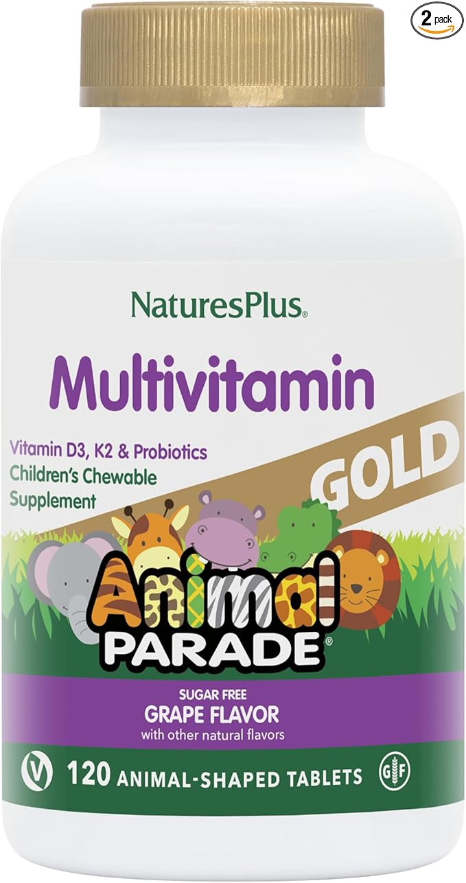 Natures Plus Animal Parade Gold Children's Multivitamin, Grape Flavor - 120 Chewable Animal Shaped Tablets, Pack of 2 - Vegan, Gluten Free - 120 Servings