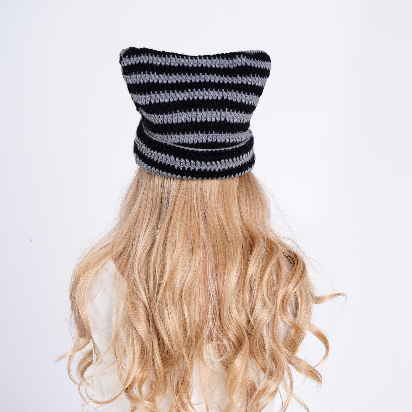 hoyuwak Crochet Cat Ear Beanie Hat Stripes Goth Knit Striped Winter Warm Cap for Men Women Festival Holiday Christmas (US, Alpha, One Size, Black and Gray Stripes)