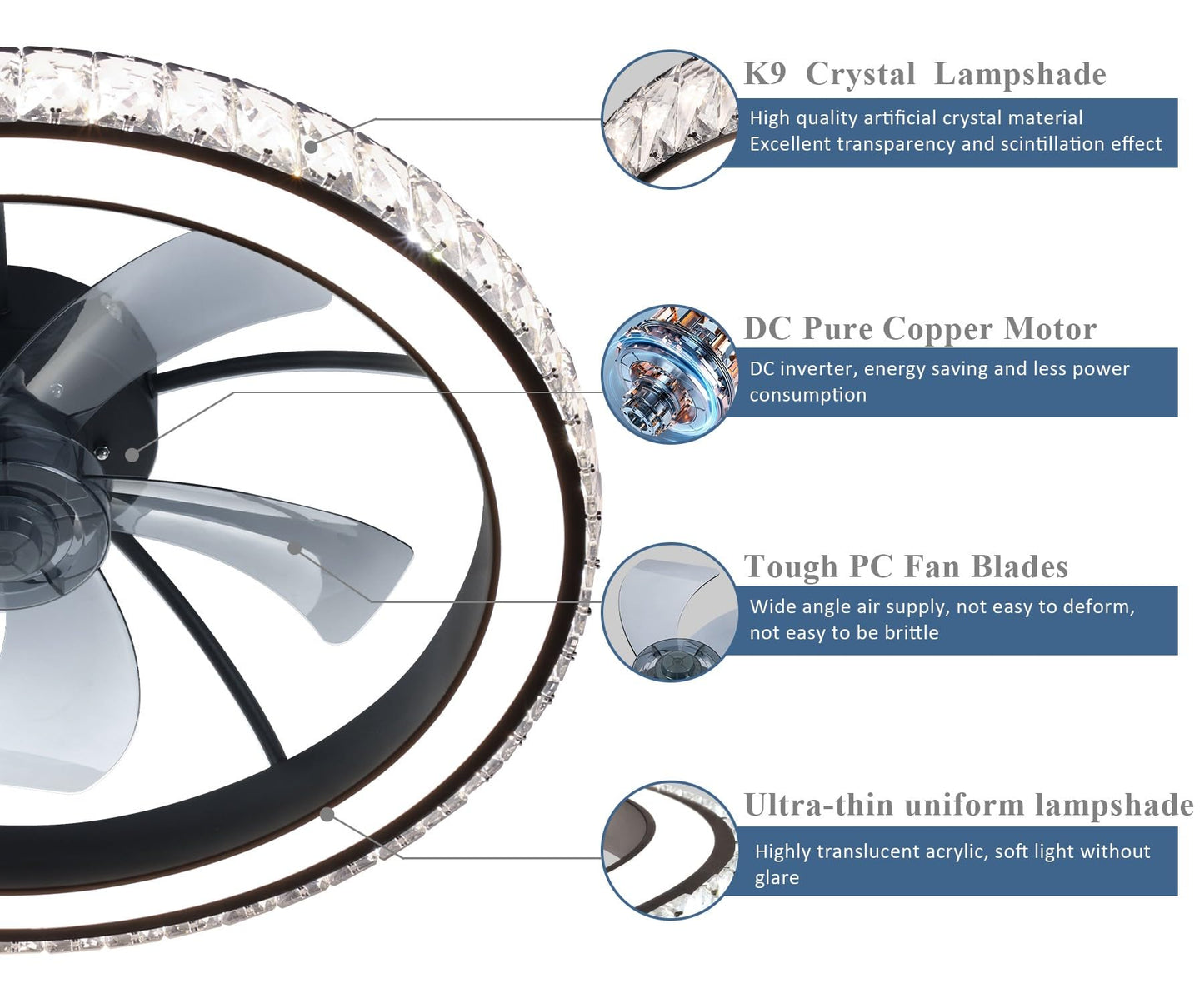 Aipsun Low Profile Modern Crystal Chandelier Ceiling Fans With Lights And Remote, 3000K-6500K Smart Bladeless Led Fan Light, 26