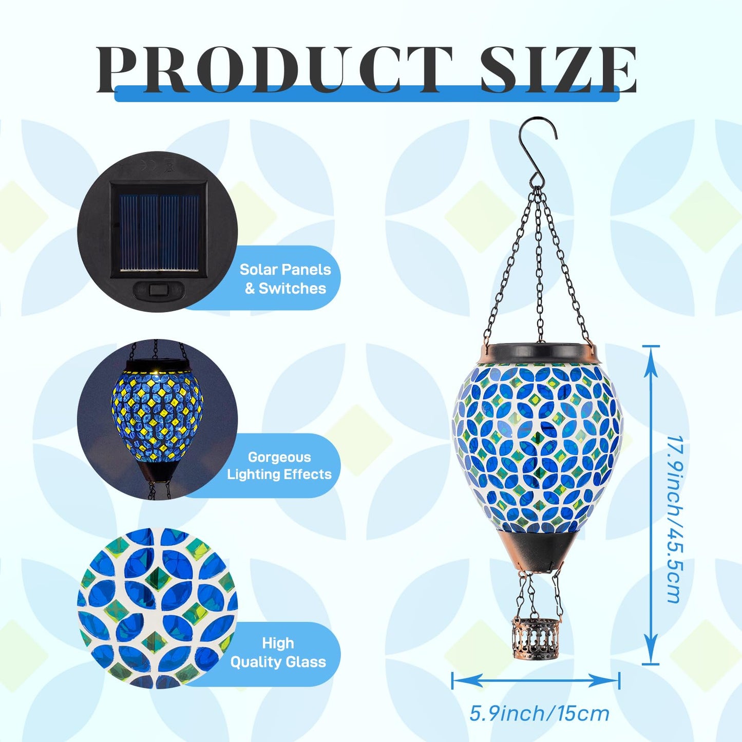 Dreamskip Mosaic Hot Air Balloon Solar Lantern With Flickering Flame  Blue Mosaic Hanging Solar Lantern Lights Outdoor Waterproof For Garden Patio Gifts For Women Mom Grandma