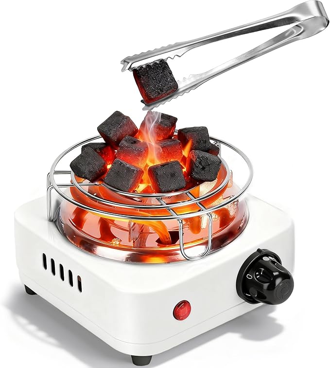 Electric Charcoal Burner Stove, 500W Hookah Single Coil Hot Plate Starter with Grill Tongs, 5-Level Temp, Smart Heat Control & Stainless Steel Fast Heating for Cooking top Countertop(White)