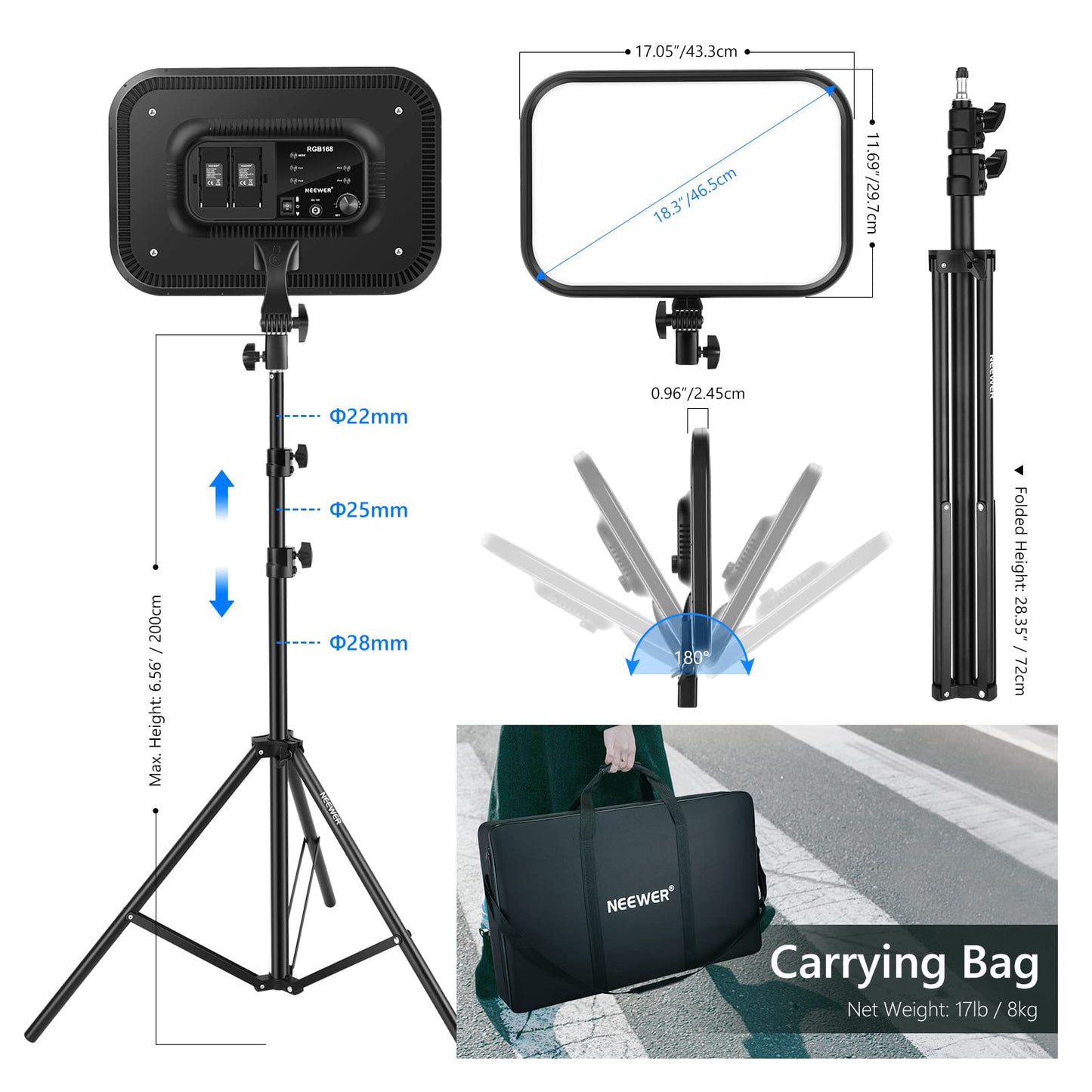 NEEWER RGB168 18.3" RGB LED Video Panel Light with App Control, 2 Pack Tripod Stand Kit, 60W/360° Full Color/2500~8500K/CRI97+, Studio Photography/YouTube Recording/Game Streaming Key Lighting