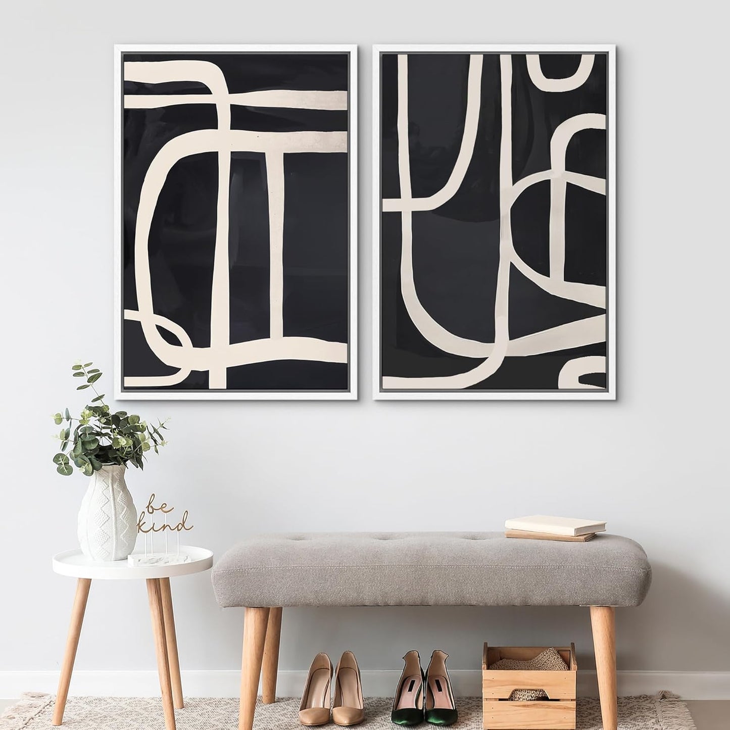 SIGNWIN Framed Canvas Print Wall Art Modern Graphic Black and White Curved Line Patterns Illustrations Modern Art Decorative Contemporary for Living Room, Bedroom, Office - 16"x24"x2 White