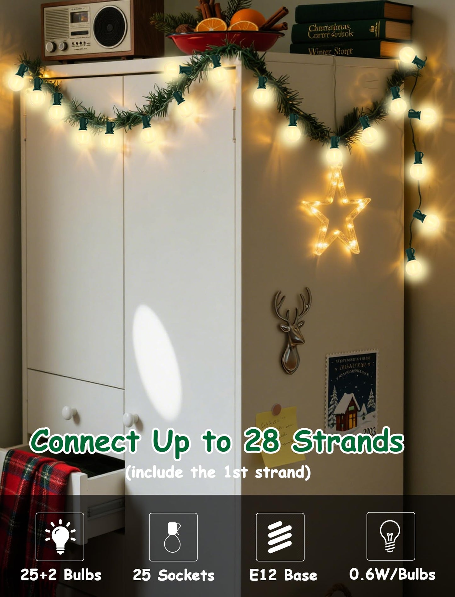 GOOTHY 25Ft Dimmable G40 LED Patio String Lights, Frosted White Globe Bulbs, Green Wire, Waterproof Outdoor Christmas Decorations