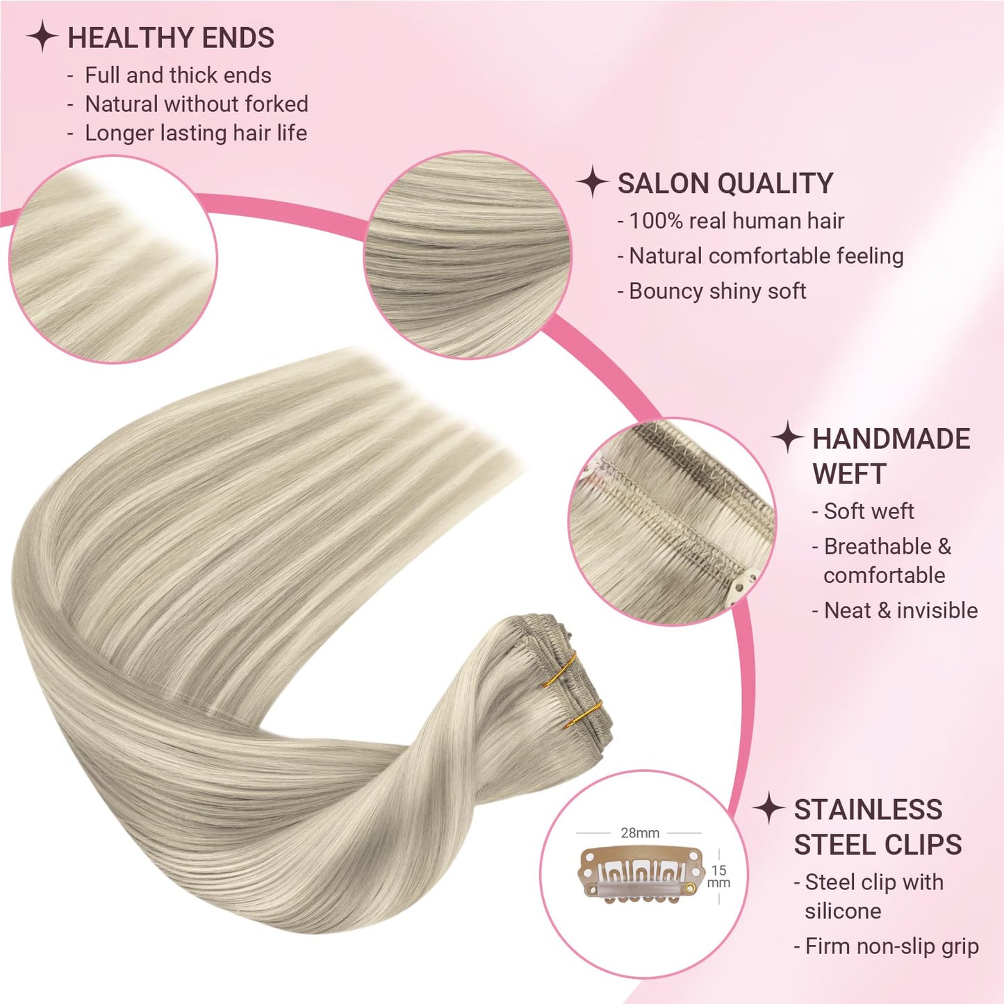 Human Hair Clip in Extensions, 7 pcs Ash Blonde Highlighted Platinum Blonde 120g 24 Inch, MAXITA Long Real Hair Extensions Clip