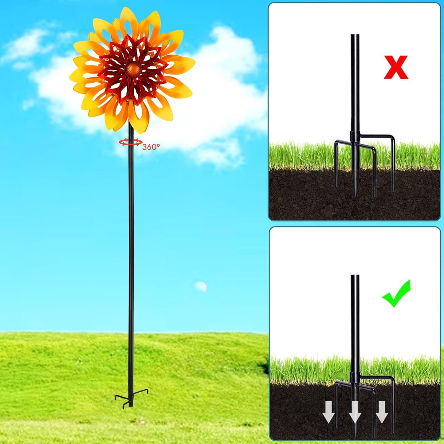 Sunflower Wind Spinners, 360 Degrees Swivel Metal Wind Sculptures, 62" Garden Pinwheels for Yard Lawn Patio Decor