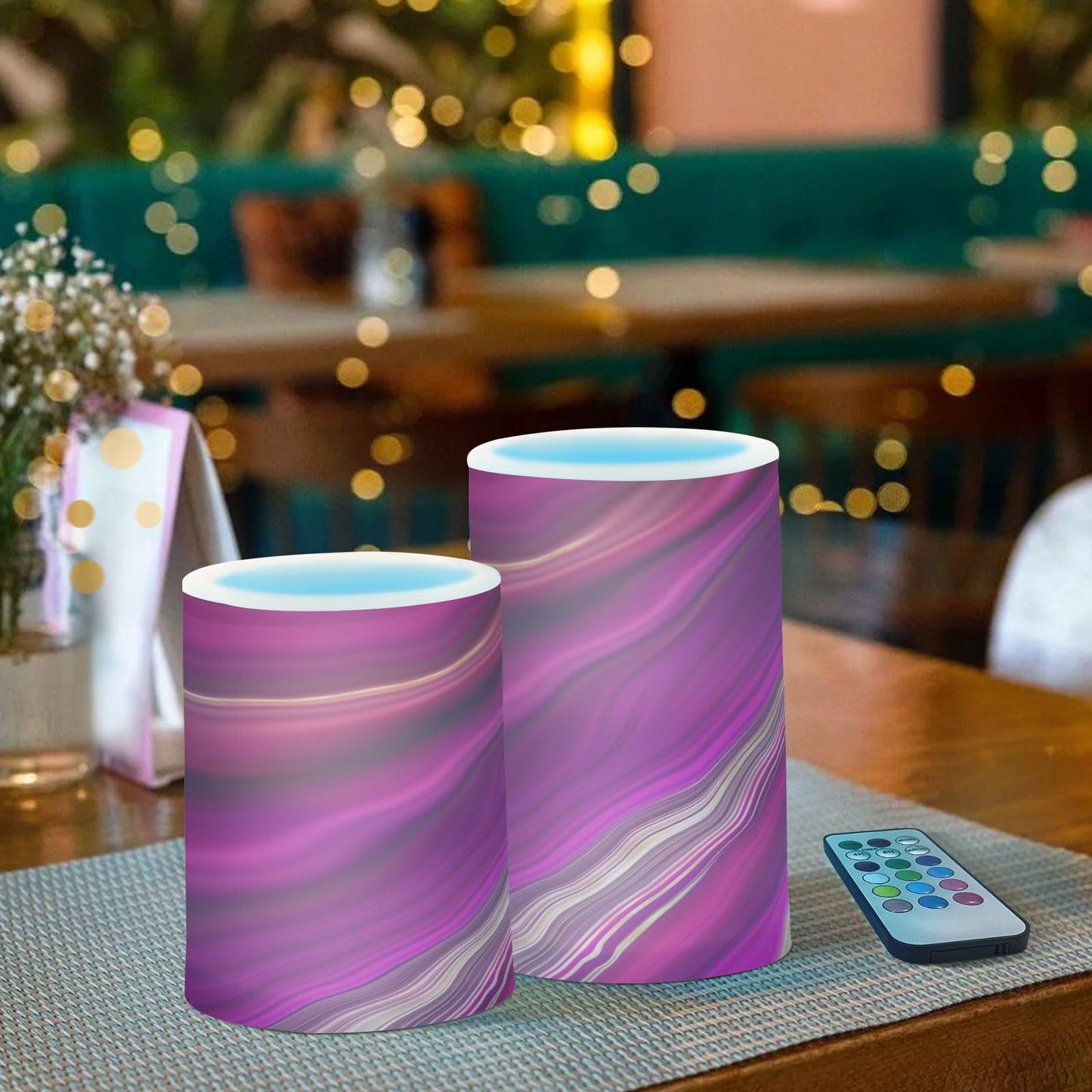 BOENLE Flickering Flameless Candles, Fuchsia Gold Fluid Marble LED Candles with Remote Timer, Set of 2 Battery Operated Candle for Valentine Wedding Birthday