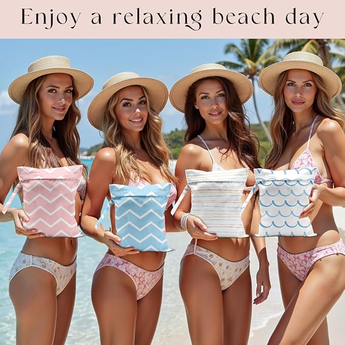 4 Pack Wet Bag for Swimsuit, Beach Travel Essentials Wet Dry Bag, for Sunscreen Toiletry Dirty Clothes Yoga Gym Diaper, Friend Summer Beach Vacation Gifts. Wave