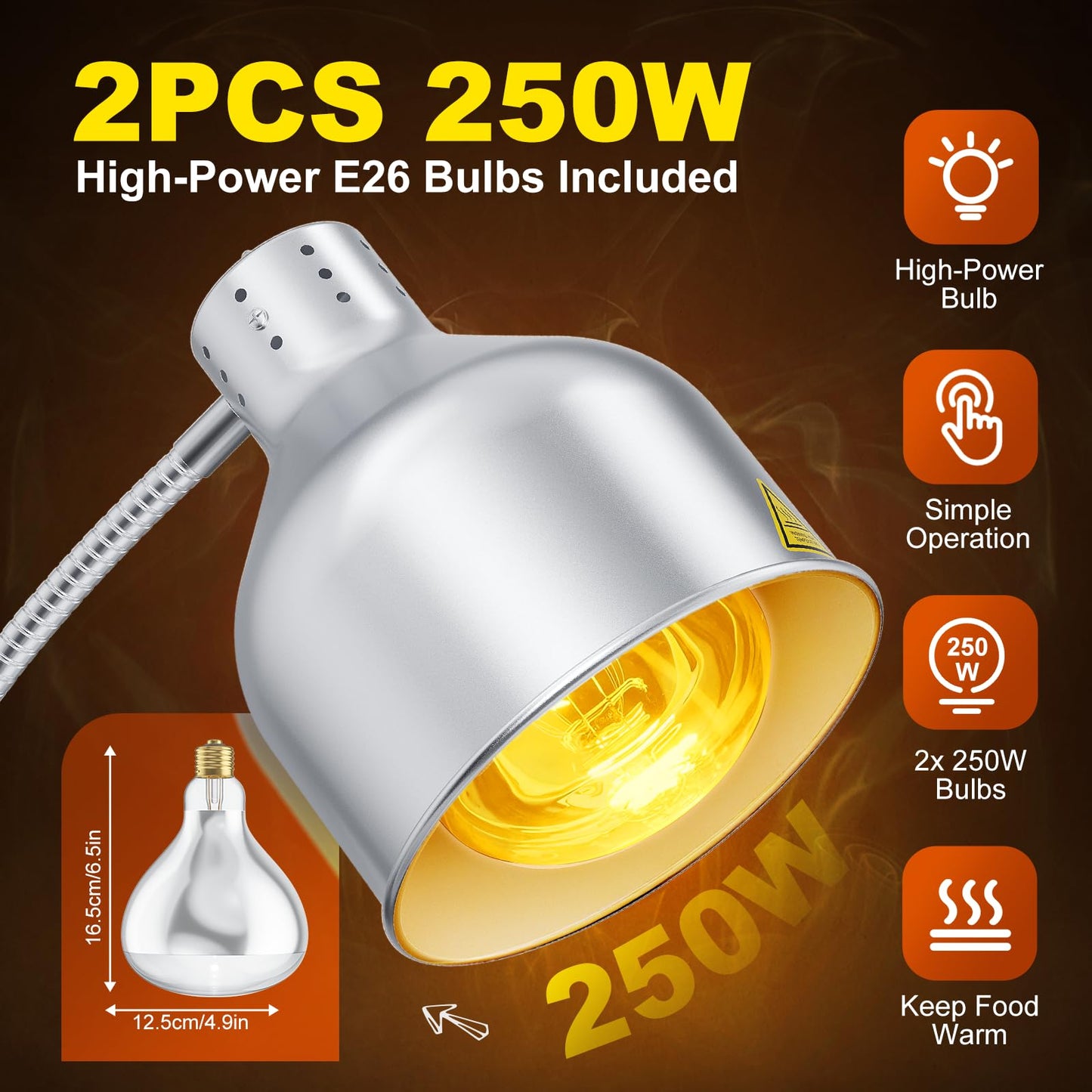 BOEASTER Food Heat Lamp, Single Head 250W Stainless Steel Commercial Food Warmer Lamp with 2 Bulbs, 360° Adjustable Portable Electric Warming Light for Restaurant Kitchen Buffet Counter Party Catering