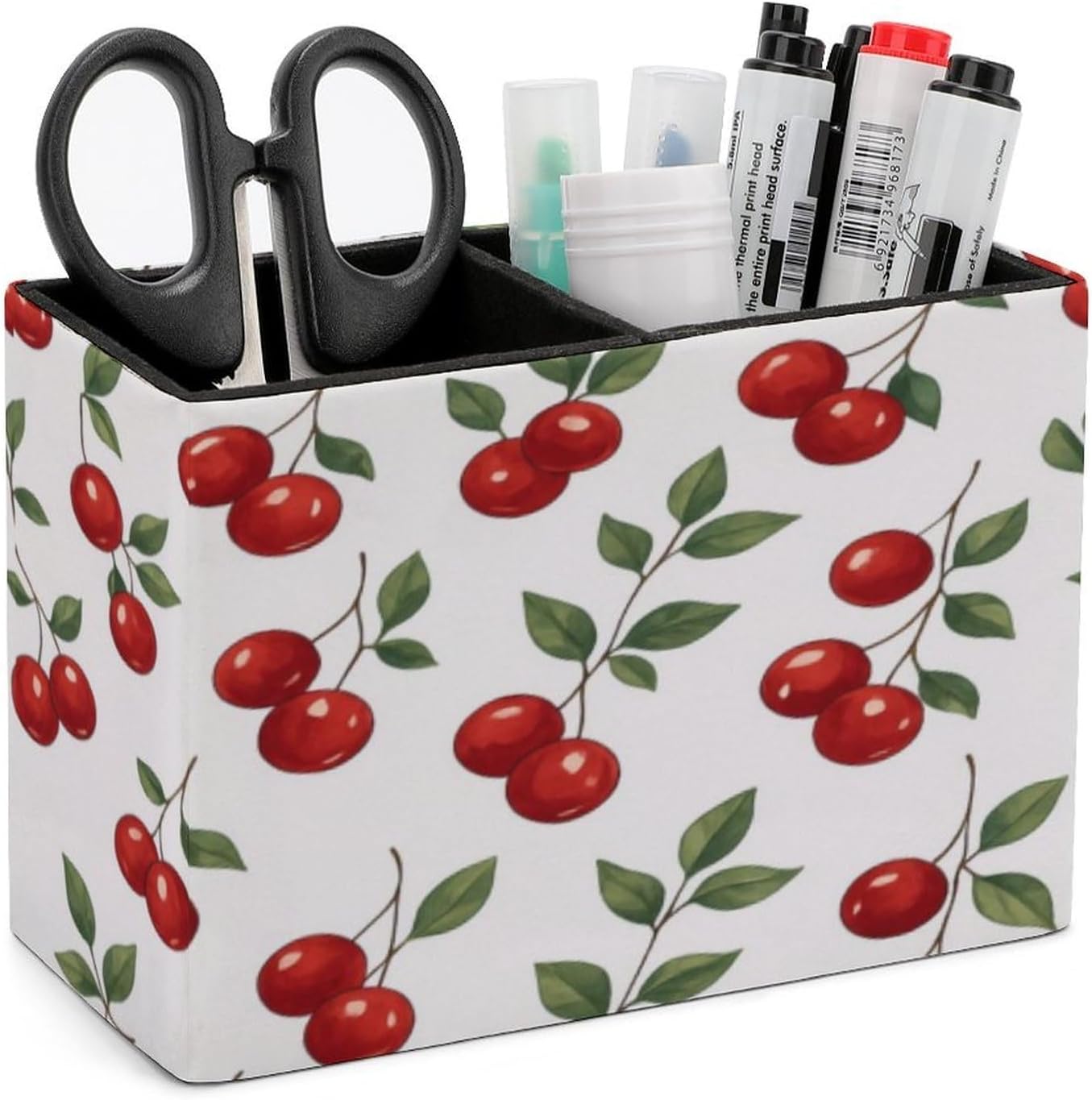 Cherry Pattern Lether Pen Holder for Desk Makeup Brush Holder Office Organizer Desk Accessory for School Office