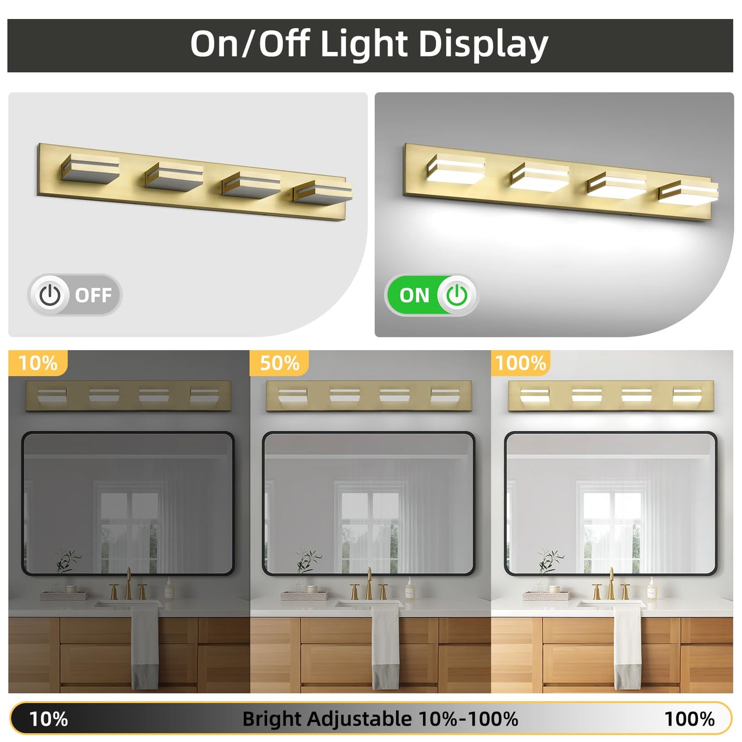 OKELI Bathroom Vanity Light Fixture, 5 Lights, 350? Rotatable, 24W, Gold Dimmable, Model OK-9553-4T-GL, Modern Wall Mounted
