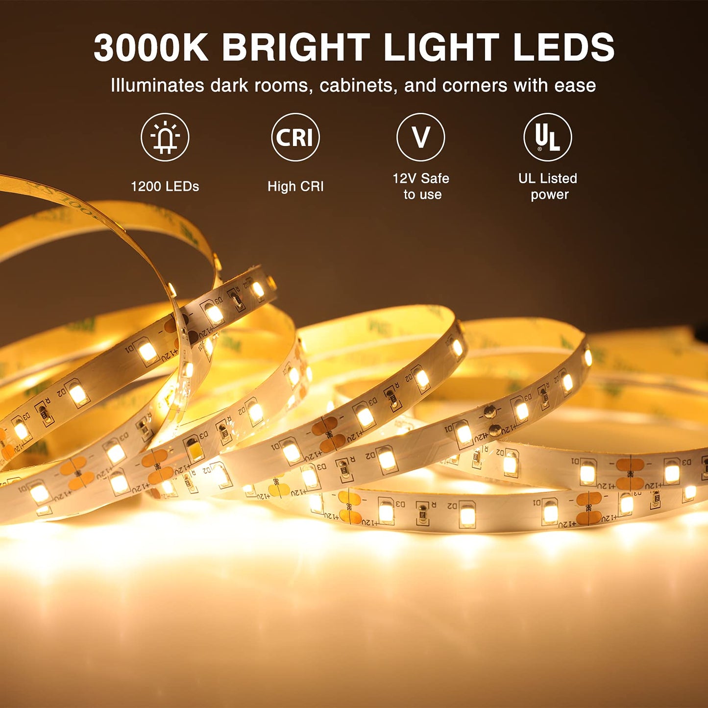 Onforu Led Strip Lighting, 65.6Ft Warm White Dimmable, 1200 Leds 2835 Flexible Tape Light, 12V For Kitchen, Bedroom, Under Cabinet