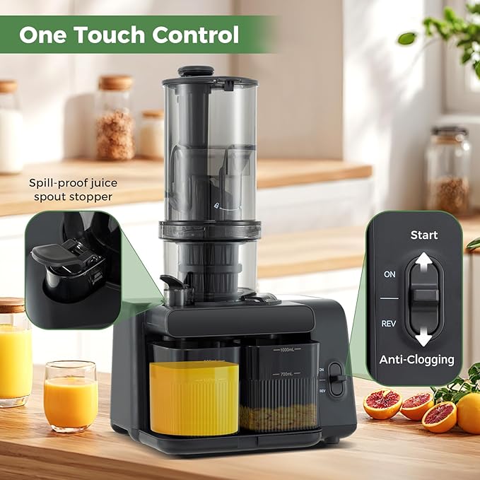 ARLIME Cold Press Juicer, Slow Masticating Juicer w/ 5.3 Inch Large Feed Chute, Juice Extractor w/Reverse Button & Cleaning Brush, Easy to Clean, Juicer Machine for Whole Vegetables & Fruits