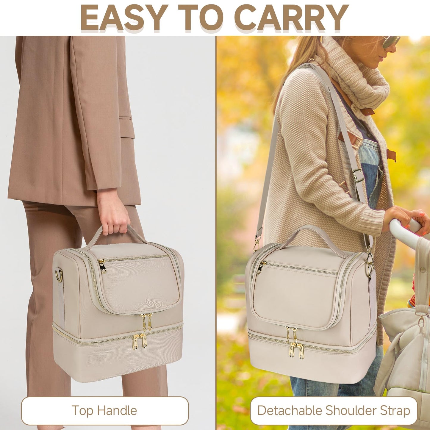 Jaffzora Wearable Breast Pump Bag with Cooler Compartment Fits for Willow/Elvie/Momcozy M5/S12 Pro/Medela, Breast Milk Travel Tote Bag with Ice Pack & Waterproof Mat,Apricot