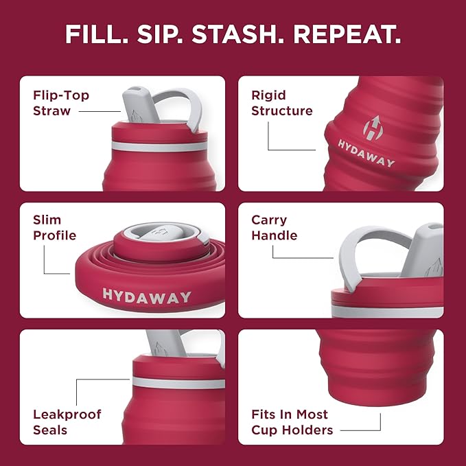 HYDAWAY Collapsible Water Bottle - 25oz I Reusable Water Bottle with Flip Top Lid for Travel, Hiking, Backpacking I Portable & Leakproof, Food-Grade Silicone, BPA Free, Collapses to 1.5”