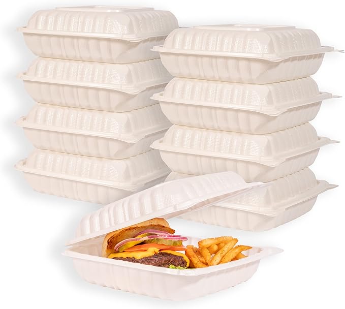 MULMEHË Mineral Filled Polypropylene Plastic Hinged Take Out Food Containers, 9x9x3, Vented Single Compartment, Natural White, 200 per Case