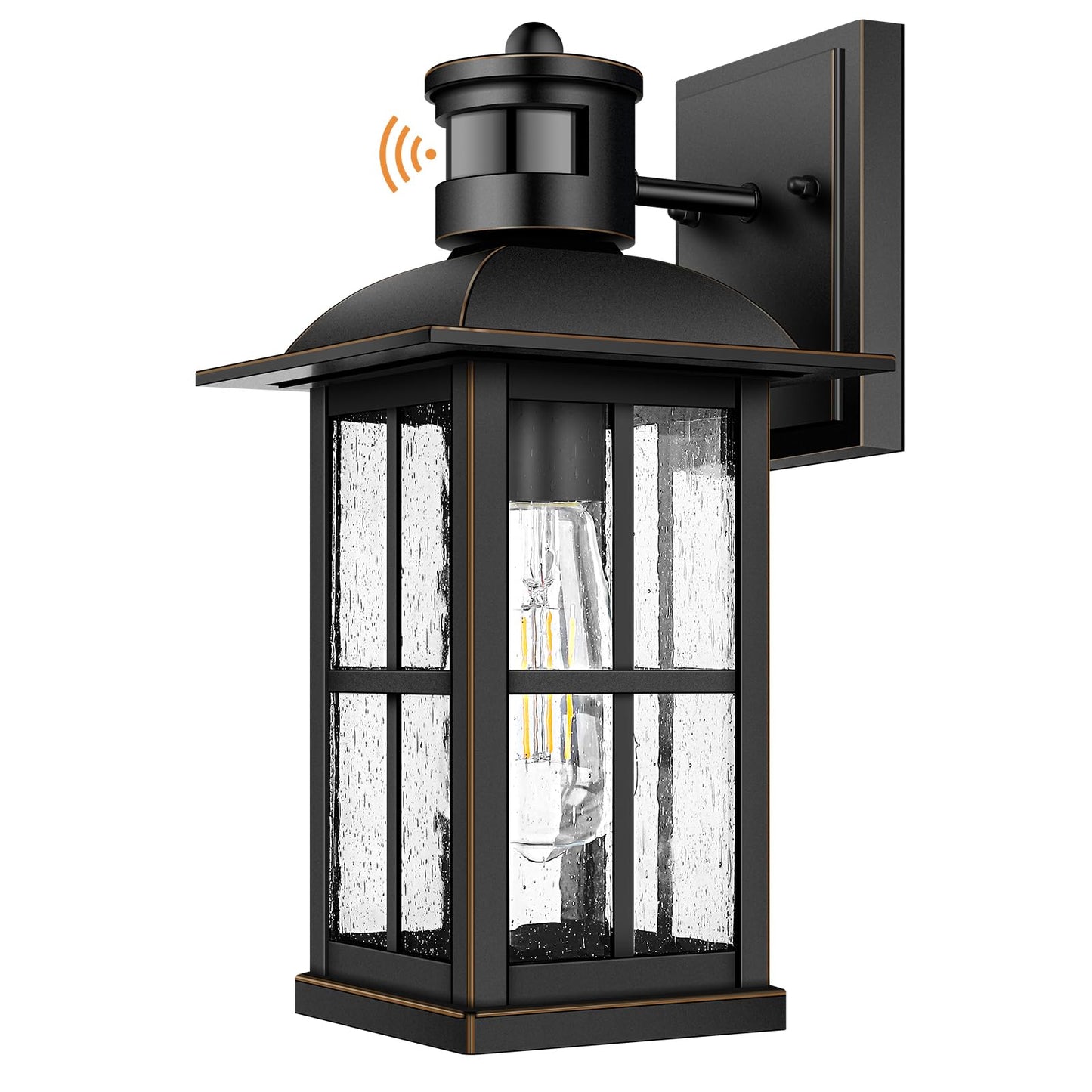 VerRon Motion Sensor Outdoor Light - Waterproof Aluminum Wall Sconce, Black, Model A0728, 1 Pack, Dusk to Dawn, Seeded Glass