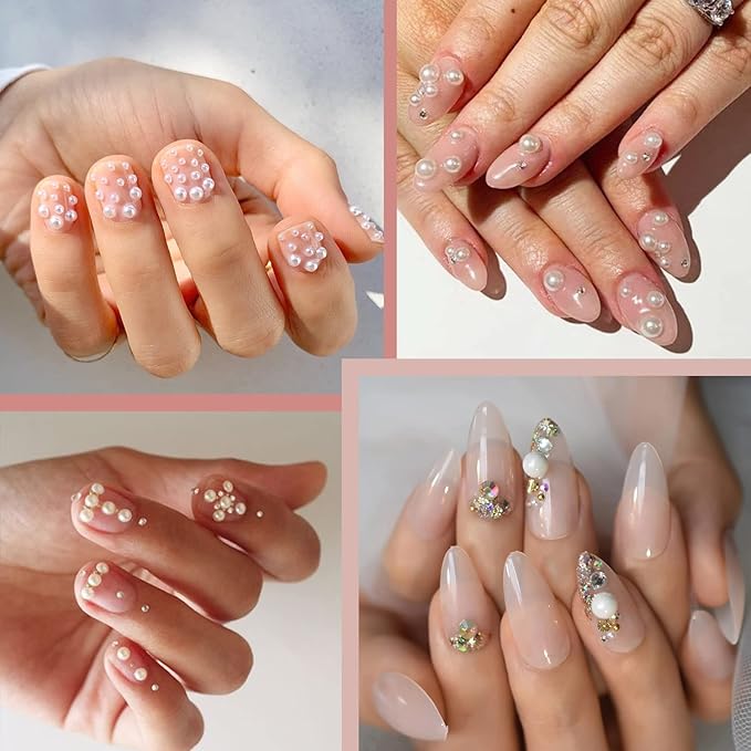 4000PCS Flatback Rhinestones and Half Round Pearls Kit #39, Multi Size Glass AB Crystals, Plastic Flat Back White & Beige Dome Bead with Pickup Pencil and Tweezer for Nail Art